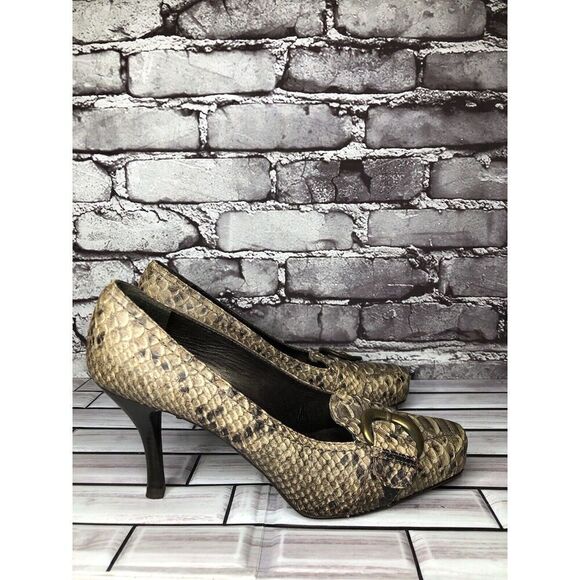 Stuart Weitzman Brown Taupe Leather Python Square Toe Buckle Heels Women Sz 8.5M - Picture 4 of 16